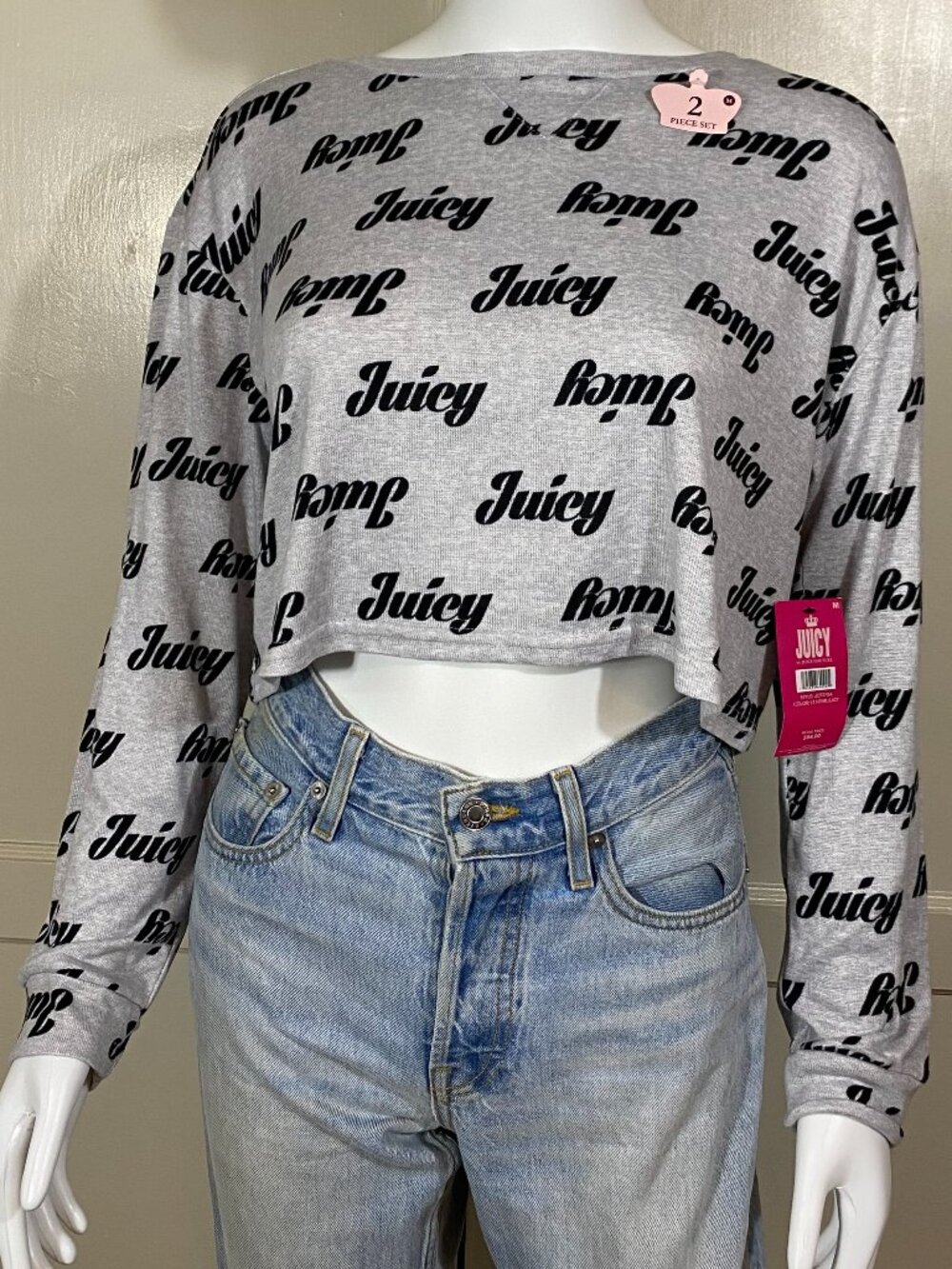 JUICY COUTURE Logo Heather Grey Ultra Soft Y2K Crop Pajama Top, Medium, NWT